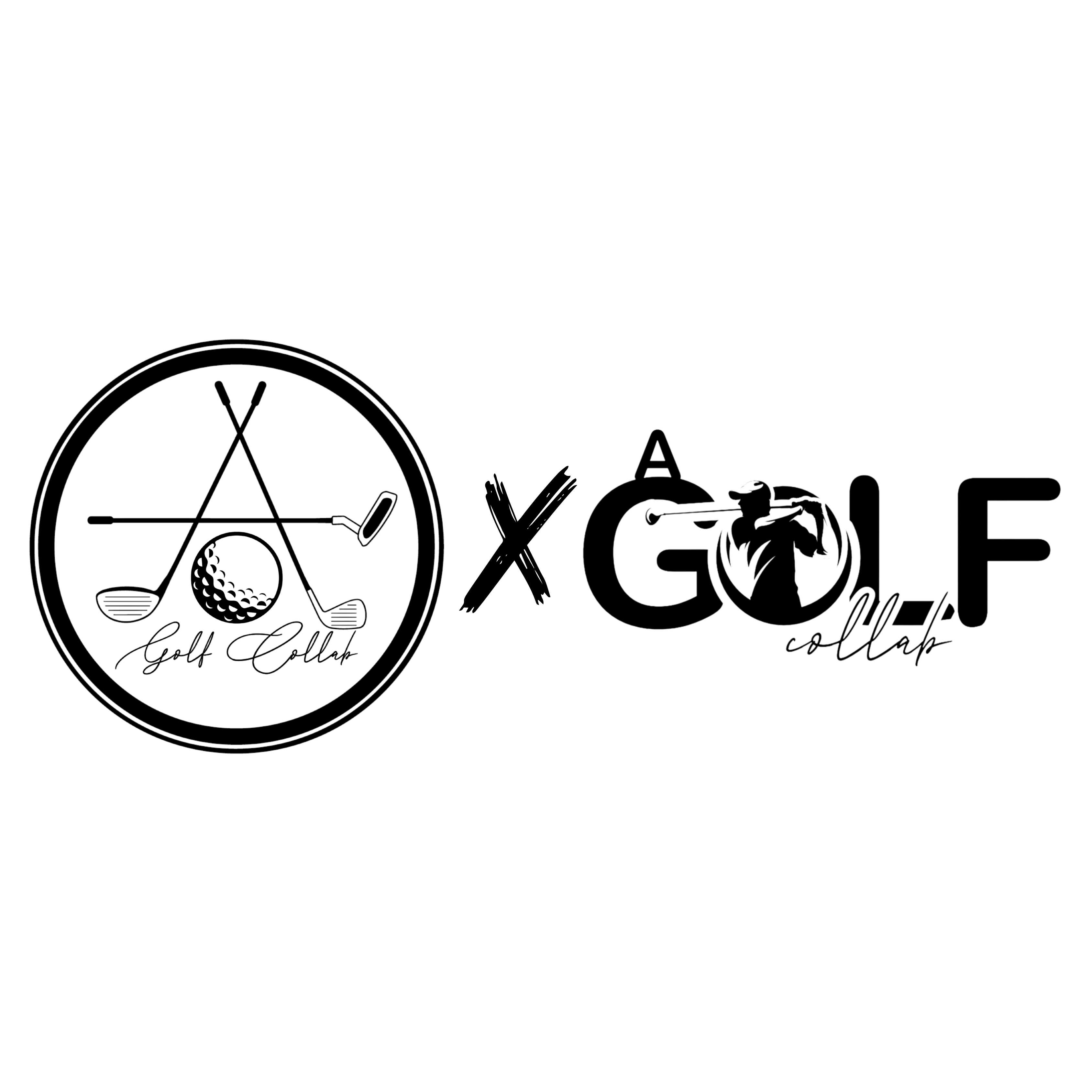 Logo featuring crossed golf clubs and ball with text golf collab beside a golfer silhouette and text A Golf collab.