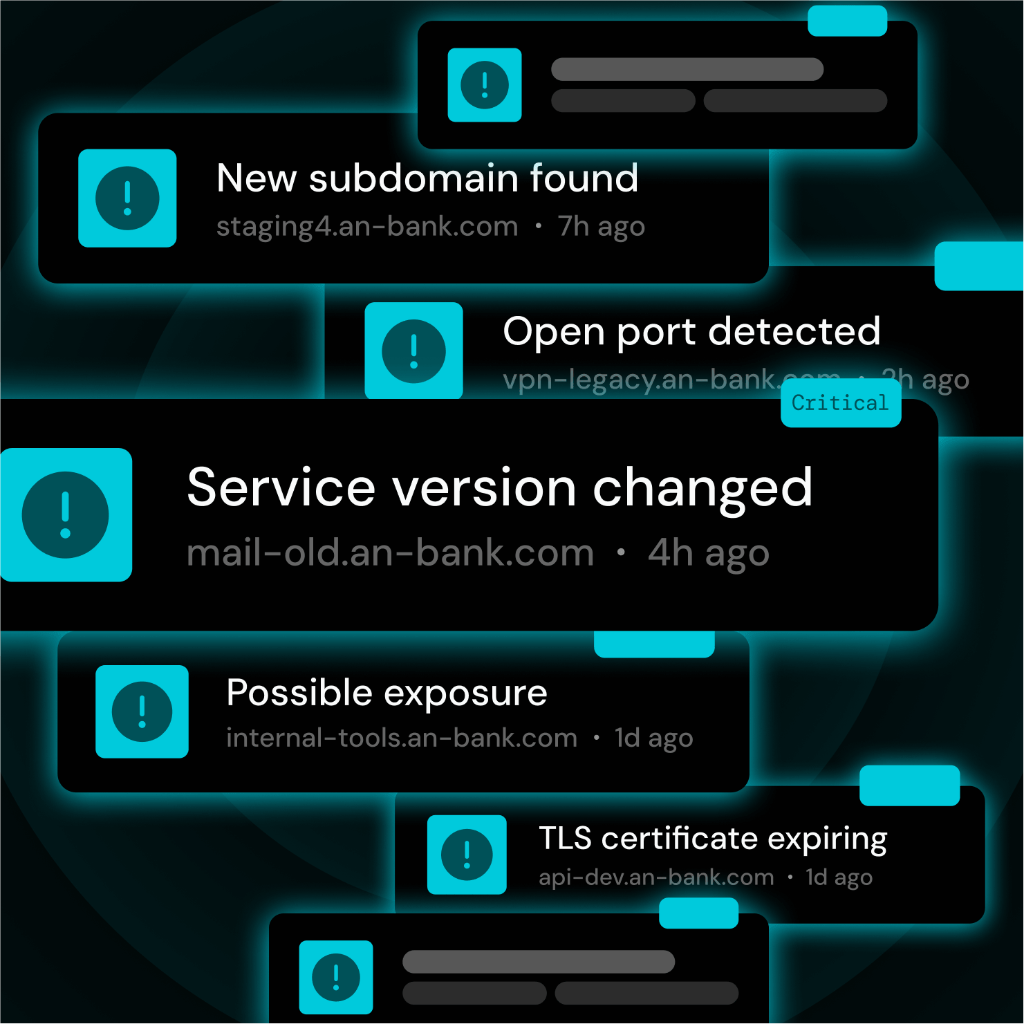 Multiple black notification boxes with blue alert icons showing security issues for an-bank.com domains.
