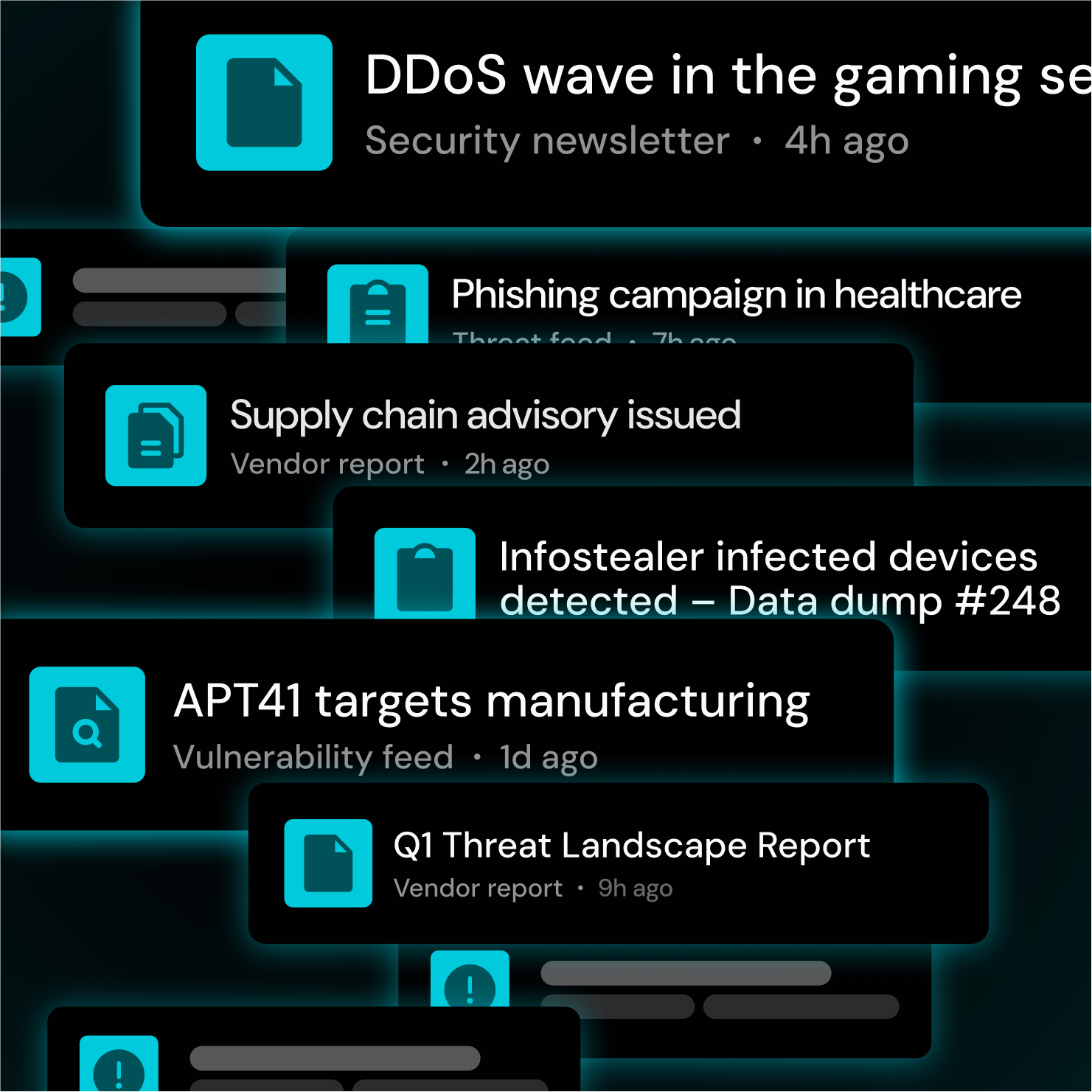 Overlapping cybersecurity alerts and reports about DDoS, phishing, supply chain, infostealer, APT41, and threat landscape.