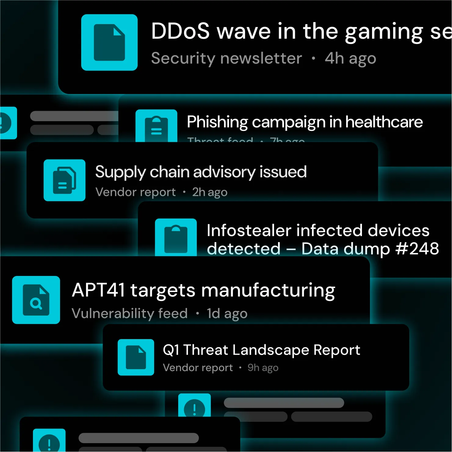 Overlapping cybersecurity alerts and reports about DDoS, phishing, supply chain, infostealer, APT41, and threat landscape.