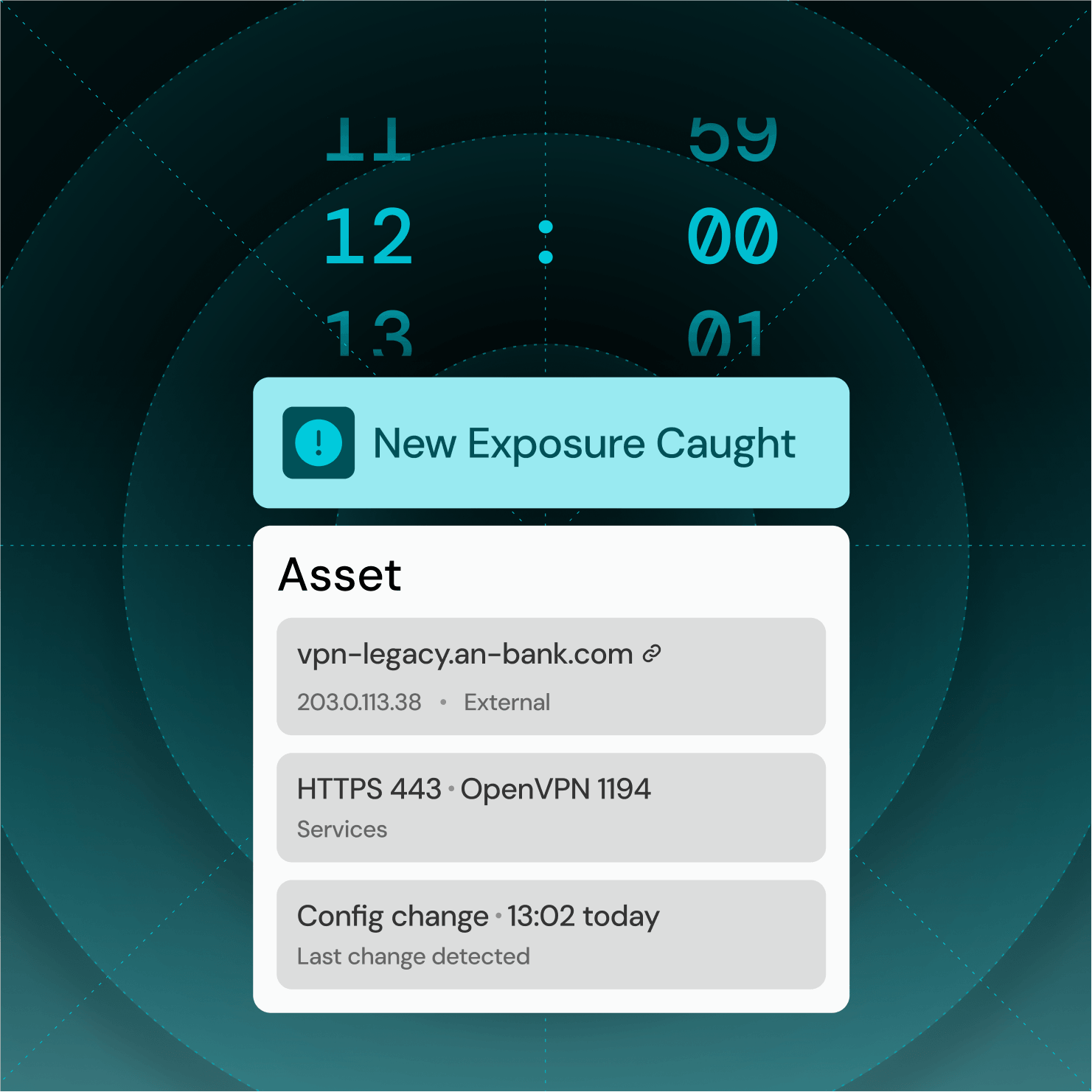Notification of new exposure for asset vpn-legacy.an-bank.com with external IP and OpenVPN services.