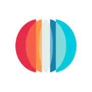 Abstract spherical logo with overlapping red, orange, and blue translucent vertical shapes.