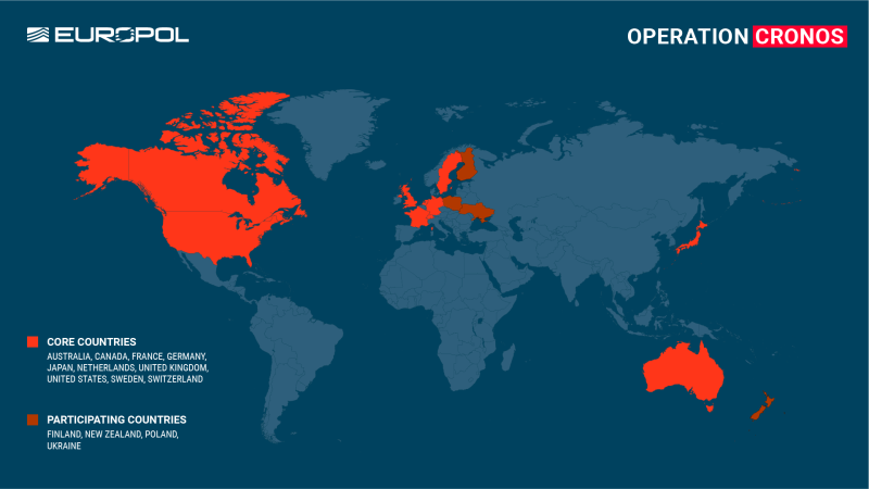This image from Europol indicates the countries that have contributed to the law enforcement action dubbed “Operation Cronos”.