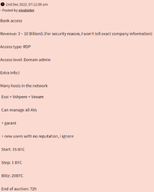 Example of an Initial Access Broker post