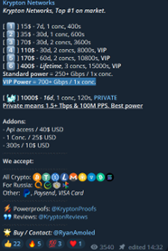 An advertisement for the Krypton Networks stresser on Telegram.