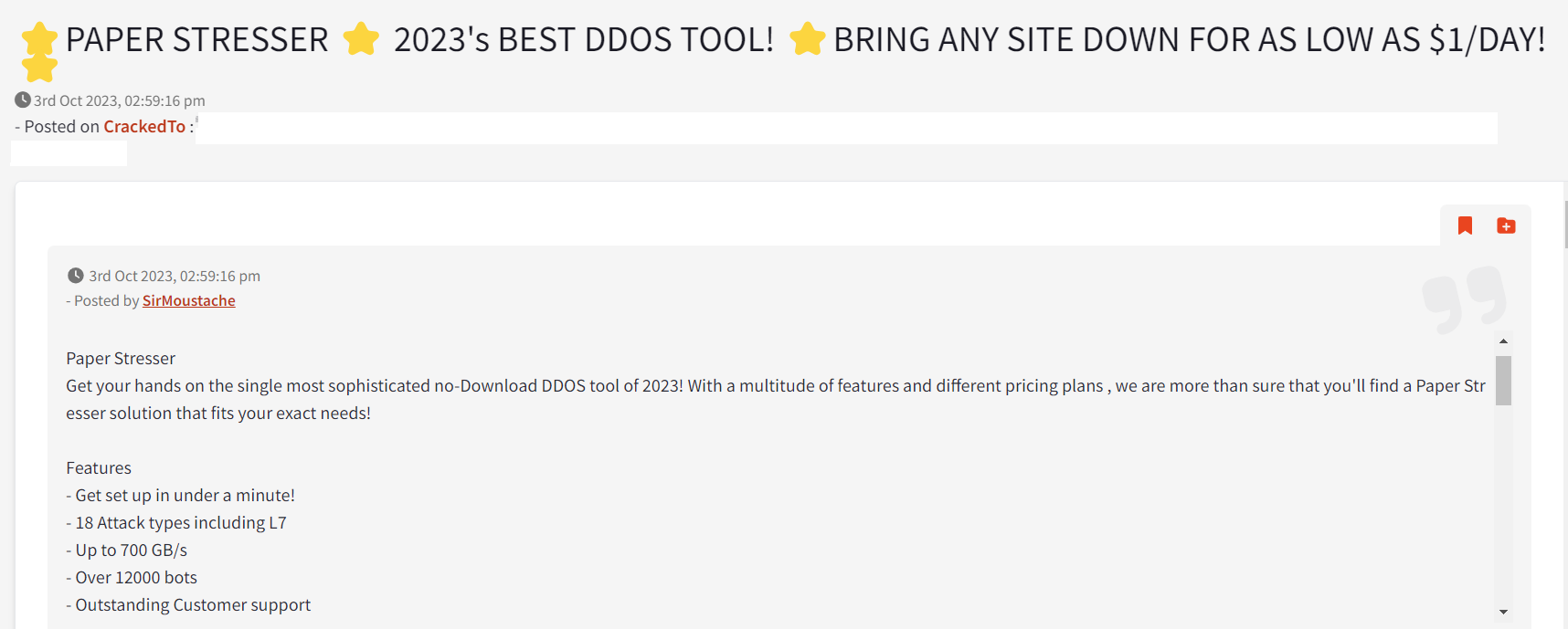 The actor SirMoustache advertises Paper Stressed on the Cracked cybercrime forum