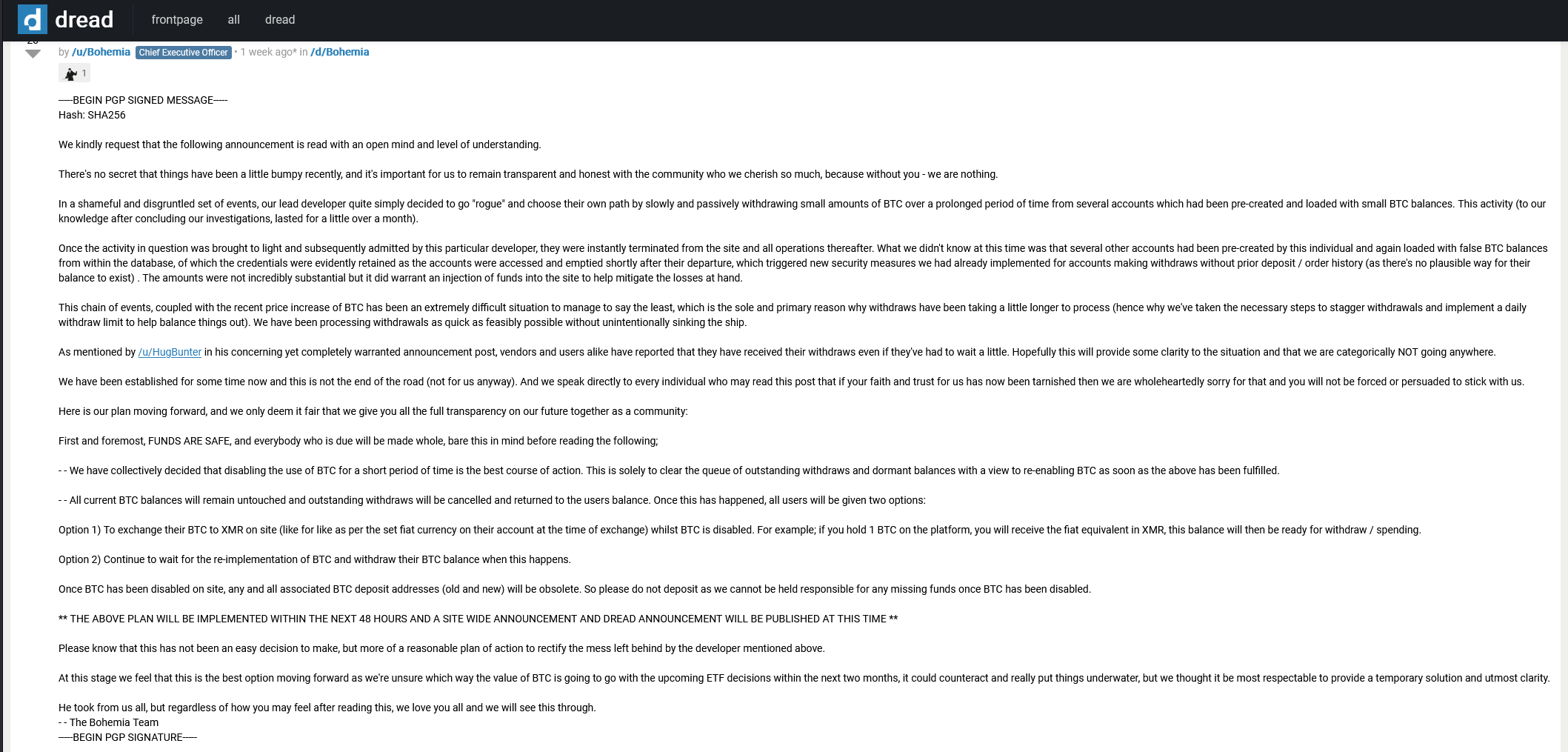 The Bohemia Team statement on Dread forum