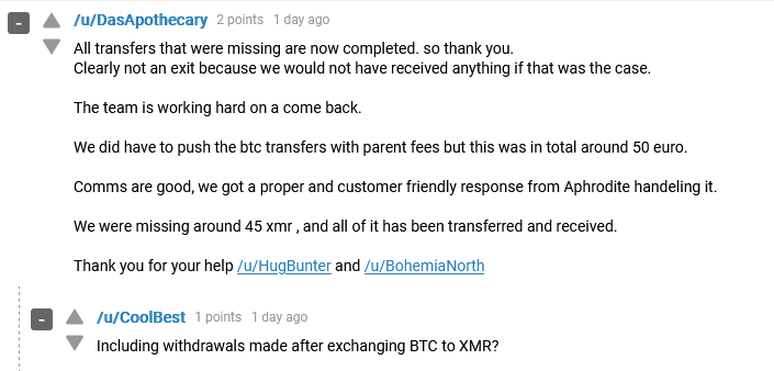 Bohemia user reports receiving missing funds on Dread