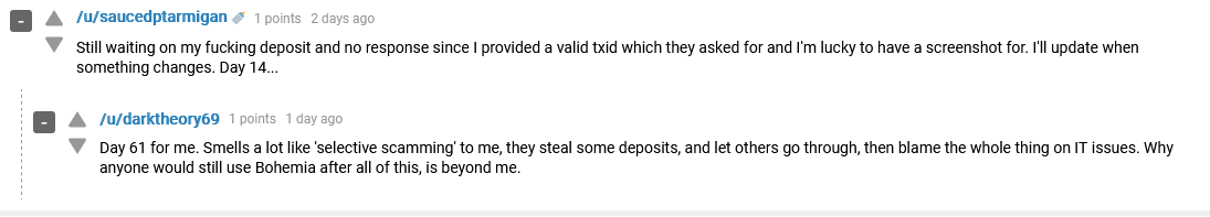 Bohemia users complain about missing deposits