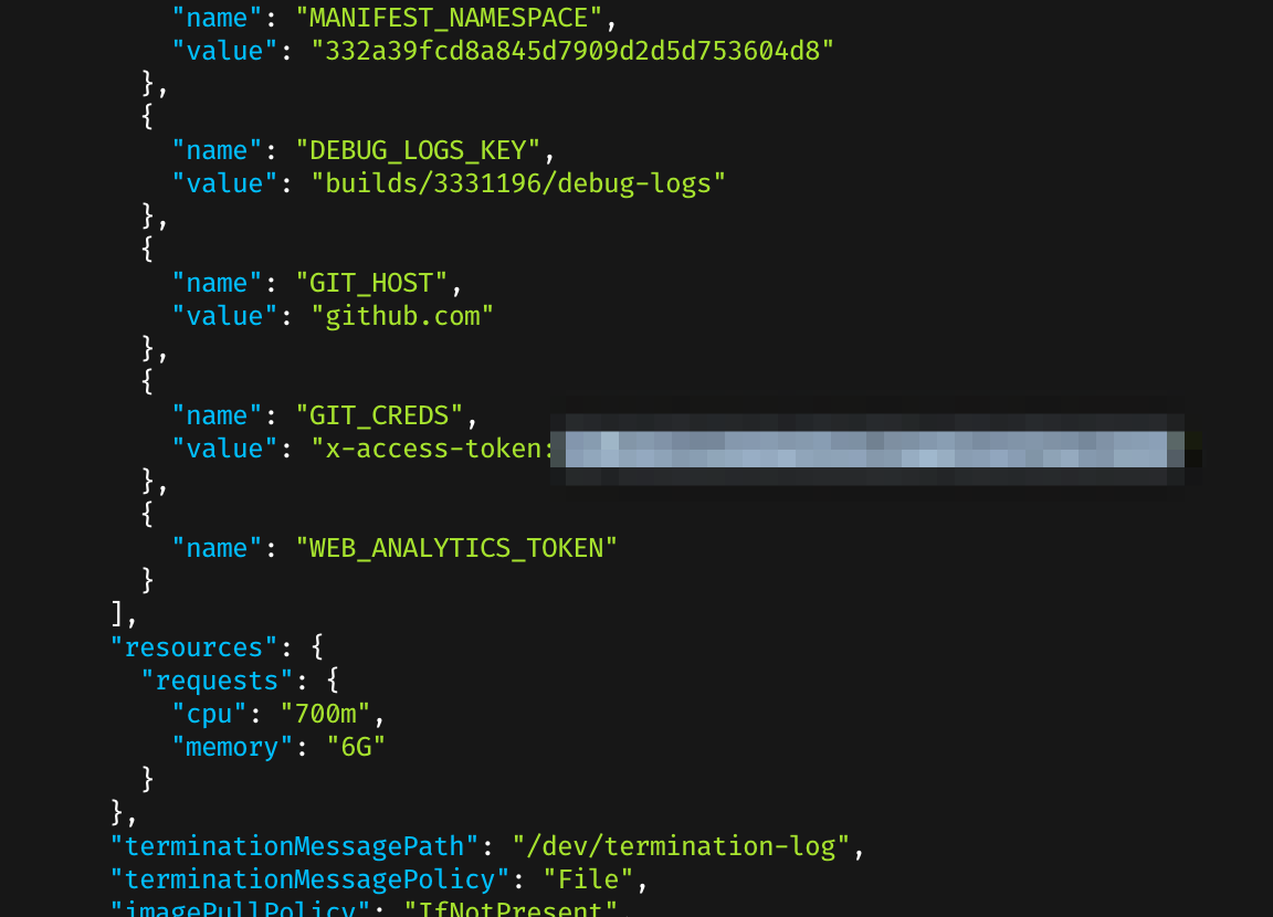 a screenshot showing kubernetes secrets for the build pods, including the git secrets used to access the repo for the build
