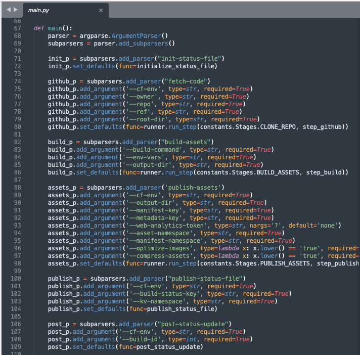 a python script which uses the argparse library to specify various configuration parameters for the build, most interestingly parameters like env-vars, output-dir and build-command match configuration boxes on the Cloudflare pages web UI build configuration