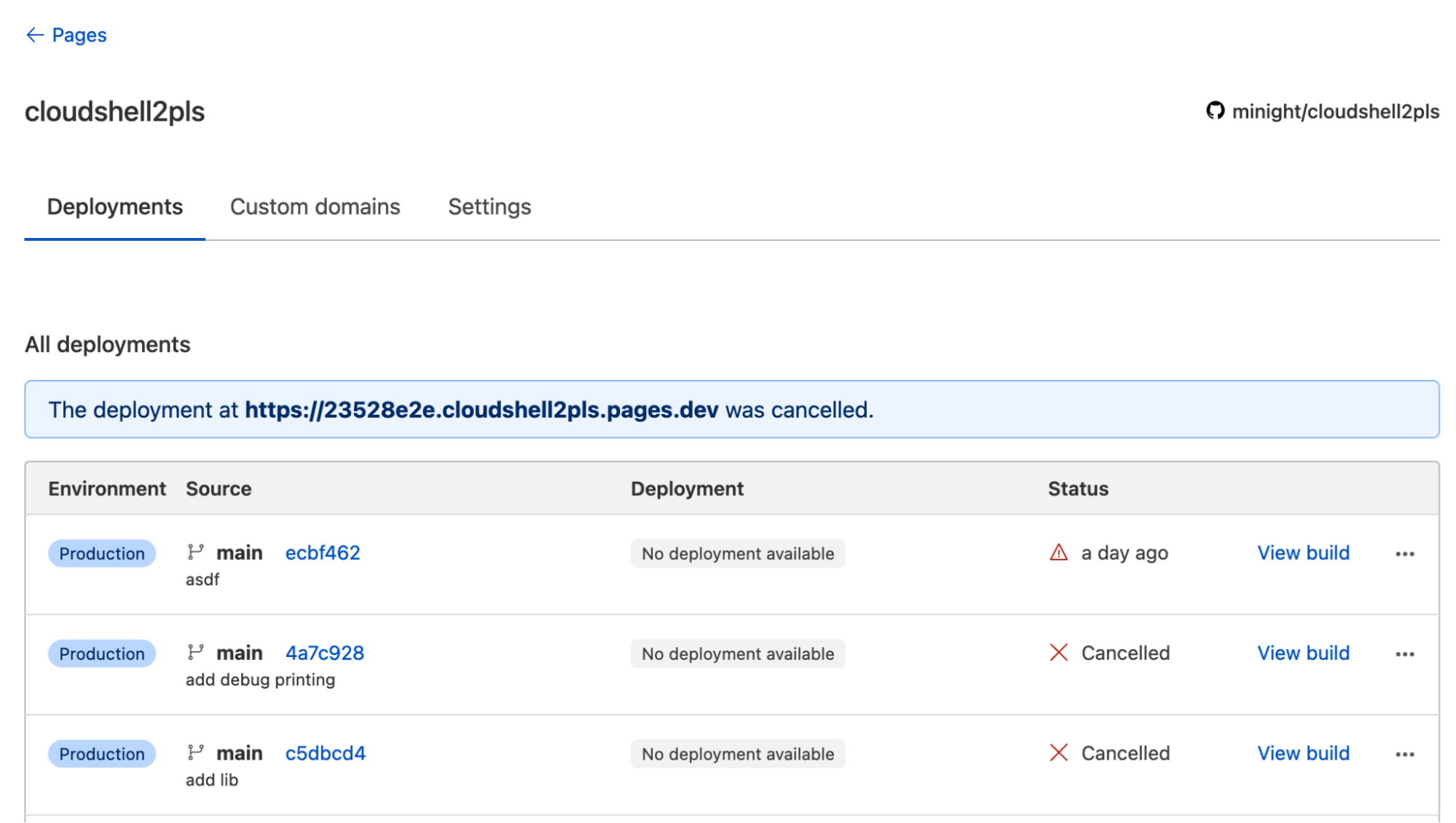 a very sketchy looking list of failed builds we used to run our reverse shells on Cloudflare pages