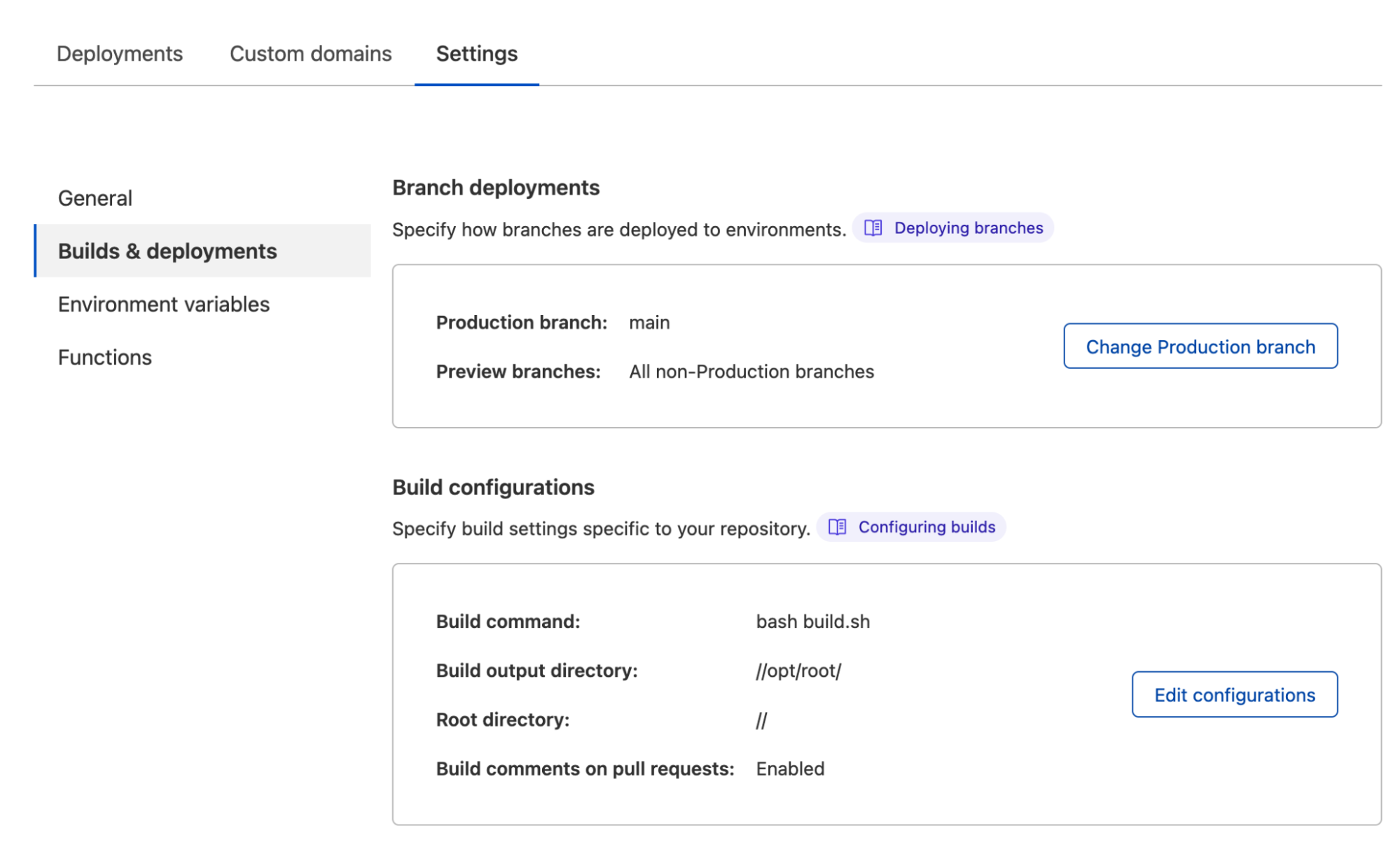a list of build configurations including: build command, build output directory, root directory and build branch.
