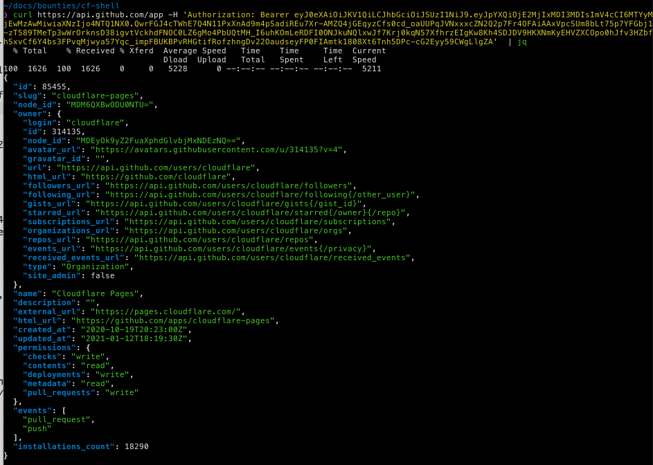 a screenshot of a curl request against the github API, which shows the private key in use, accessing the details of the "cloudflare-pages" github app