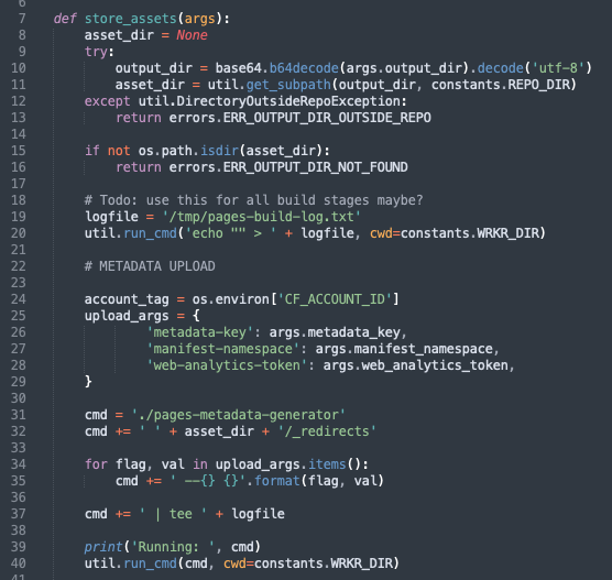 a screenshot of the store_assets function in the build agent code, most notably showing a call to an executable named 'pages-metadata-generator', also referencing the output dir which we can control via build configuration