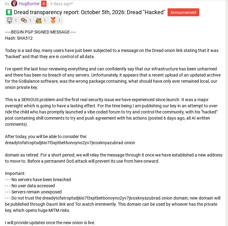 Dread transparency report attributing the breach to an accidental key upload