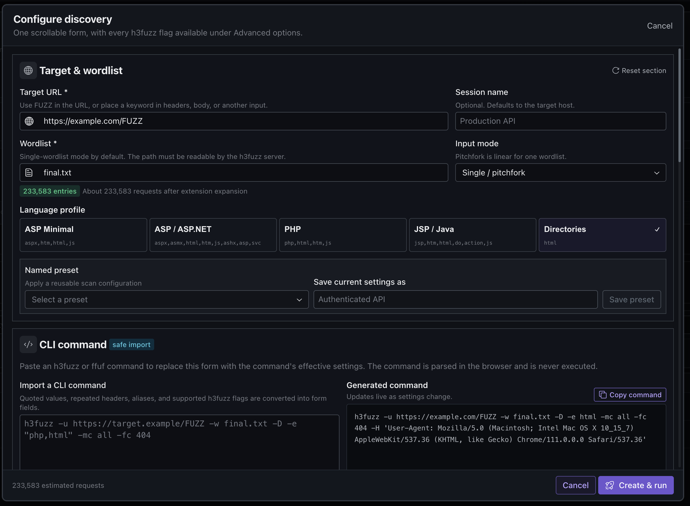 The h3fuzz target setup wizard in the web UI