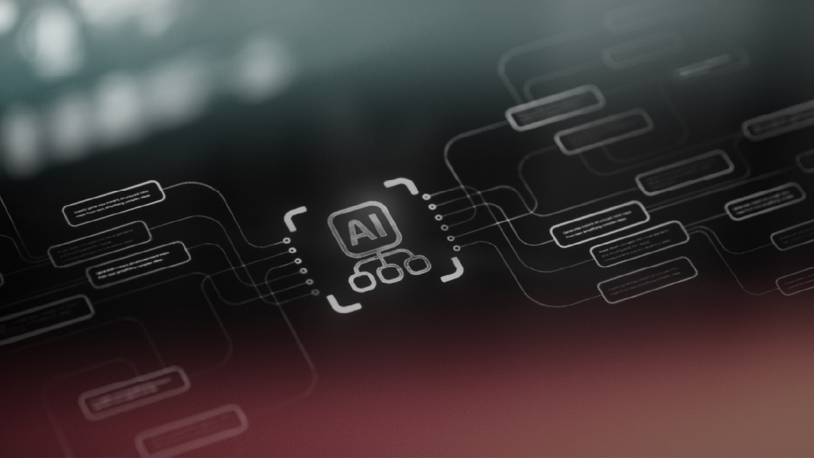 Glowing AI icon connected to branching workflow nodes, illustrating AI shrinking cyberattack timelines