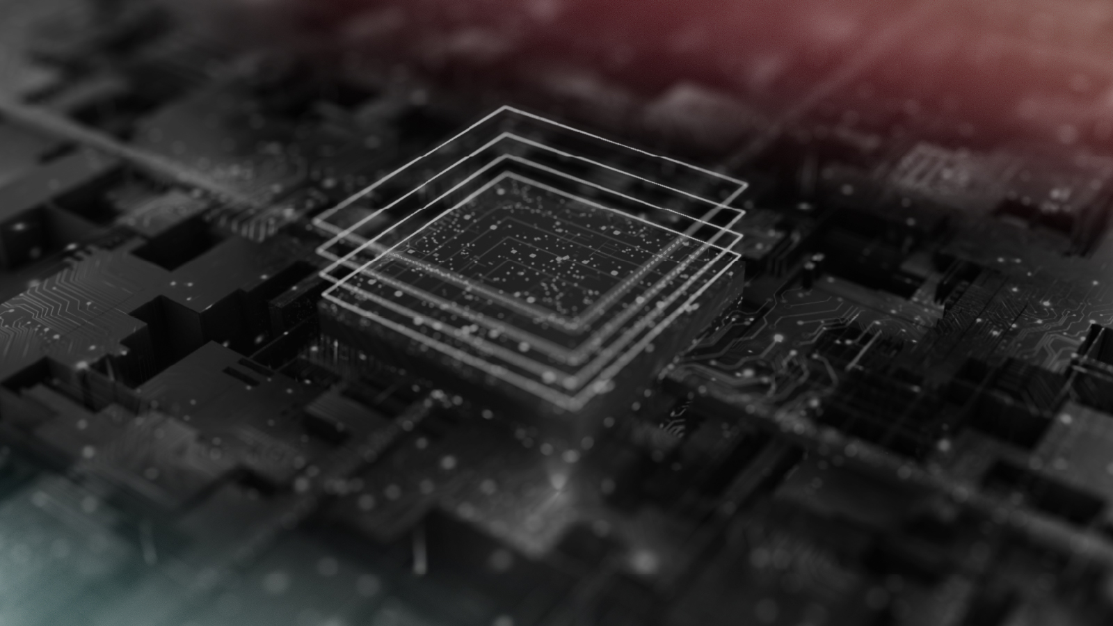 Stacked glowing outlines above a circuit board chip, illustrating the record Microsoft Patch Tuesday