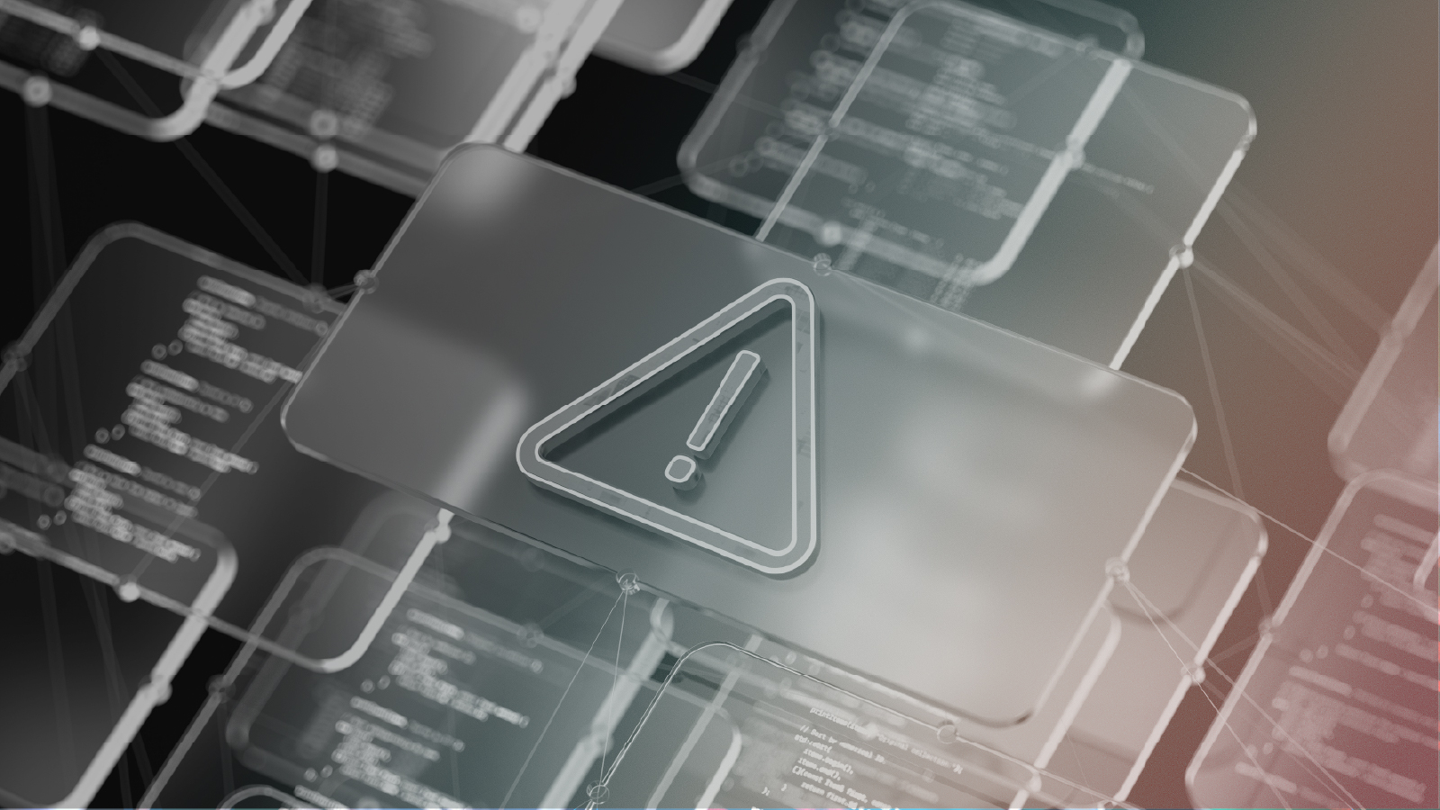 Glass warning triangle over layered code panels, illustrating ShinyHunters hacking the Cl0p leak site
