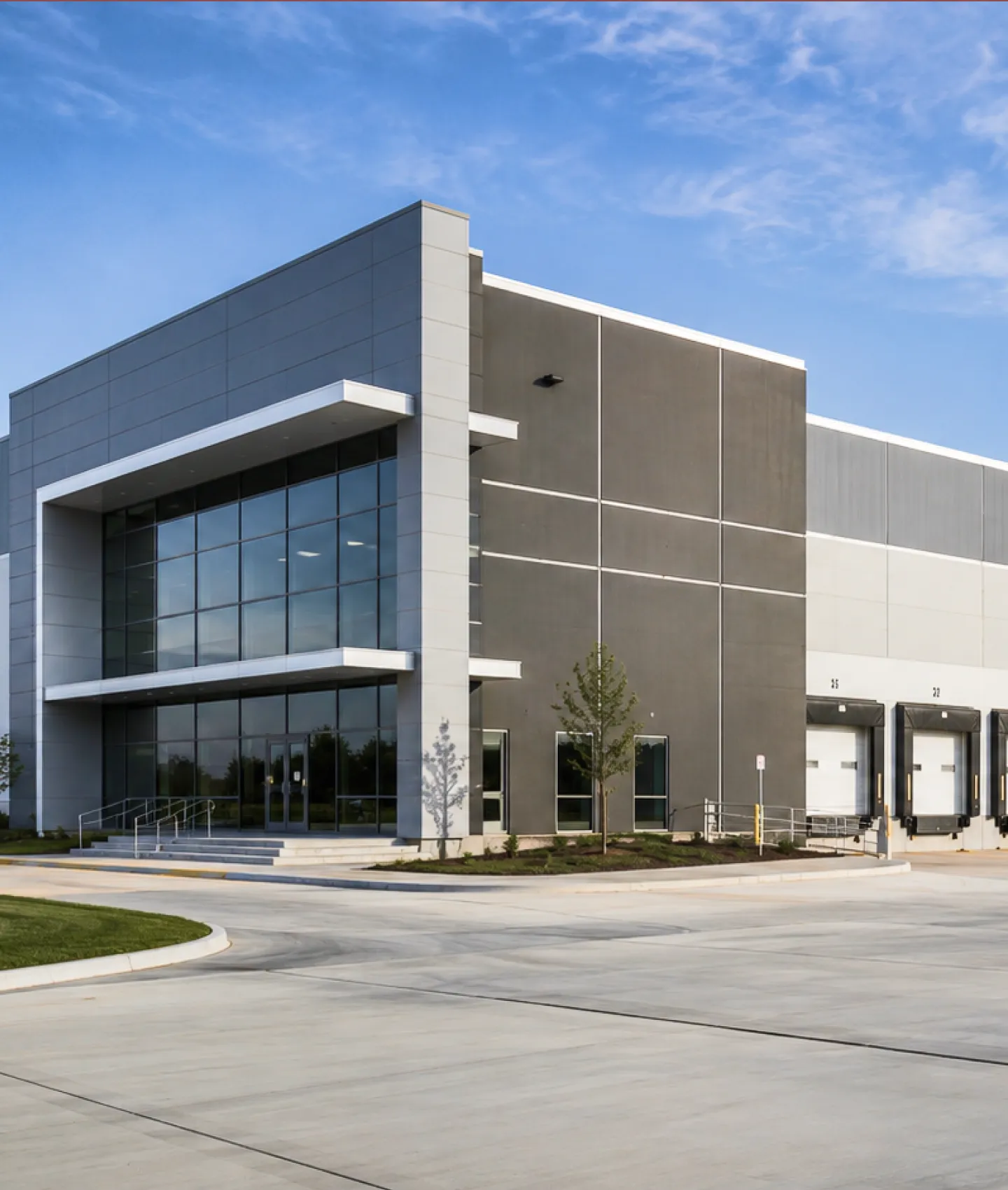 Exterior of a modern commercial warehouse with large glass entrance and loading docks.
