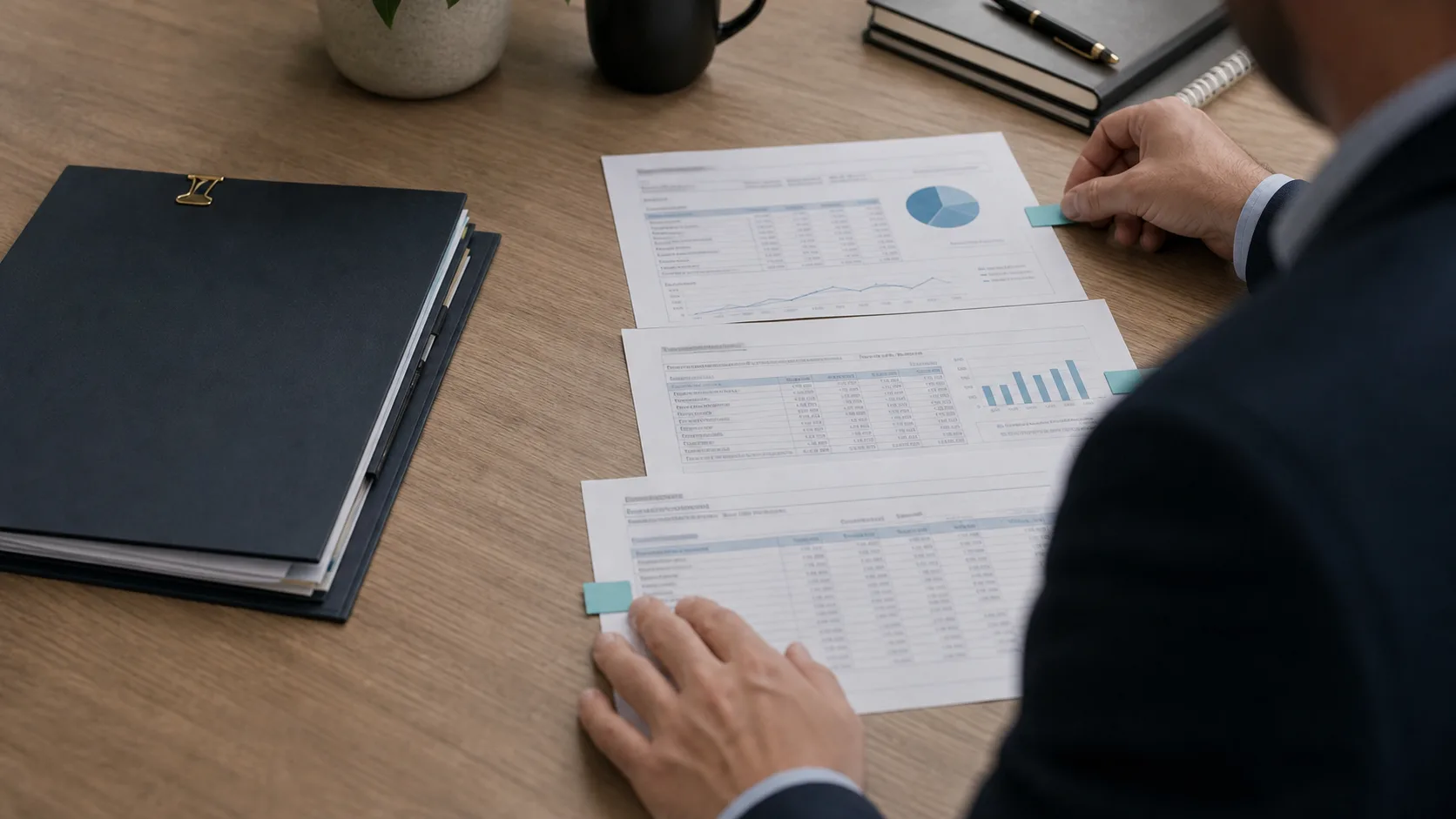Financial investigator reviewing records and charts