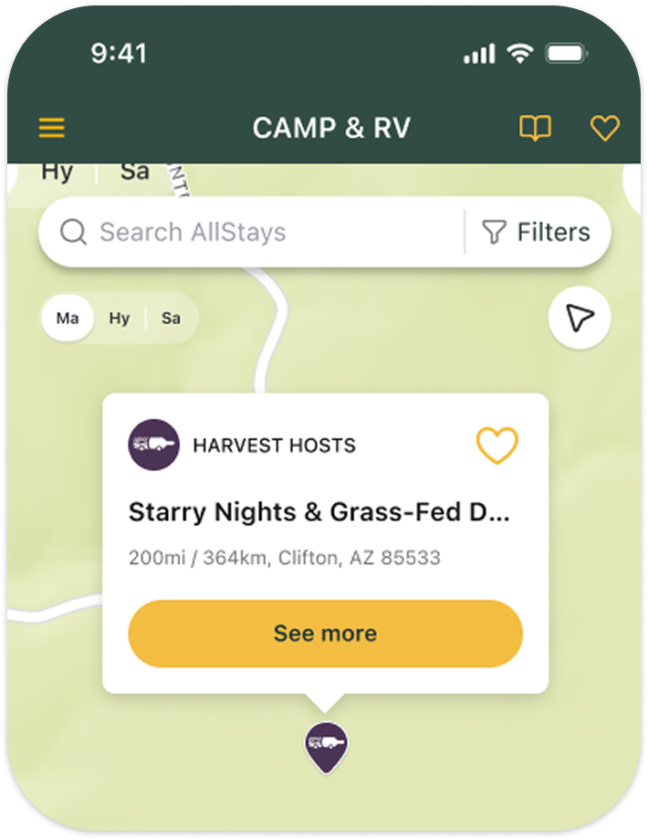 AllStays app with Harvest Hosts listing