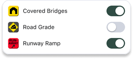 Covered Bridges, Road Grade, Runway Ramp toggles