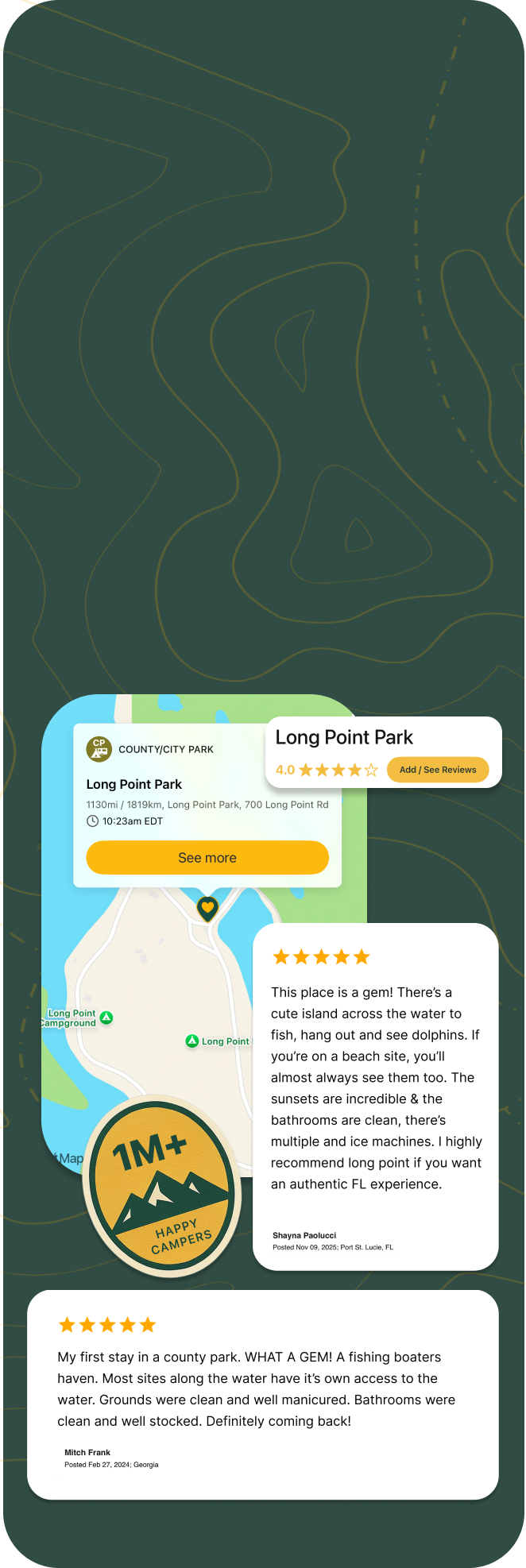 Long Point Park listing, 1M+ Happy Campers badge, and traveler reviews