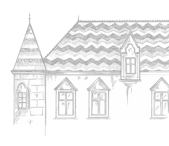 Black and white sketch of a castle tower with a pointed roof and detailed windows.