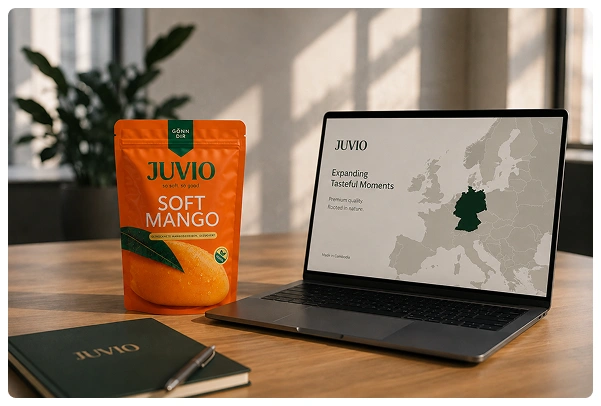 Mitarbeiter bei der Verarbeitung getrockneter Mangos in einer Produktionsanlage