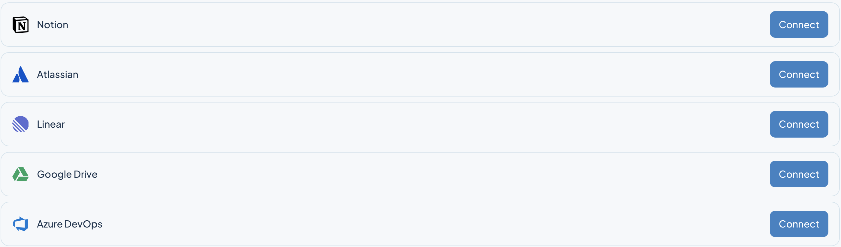 Connections to Notion, Atlassian, Linear, Google Drive and Azure DevOps