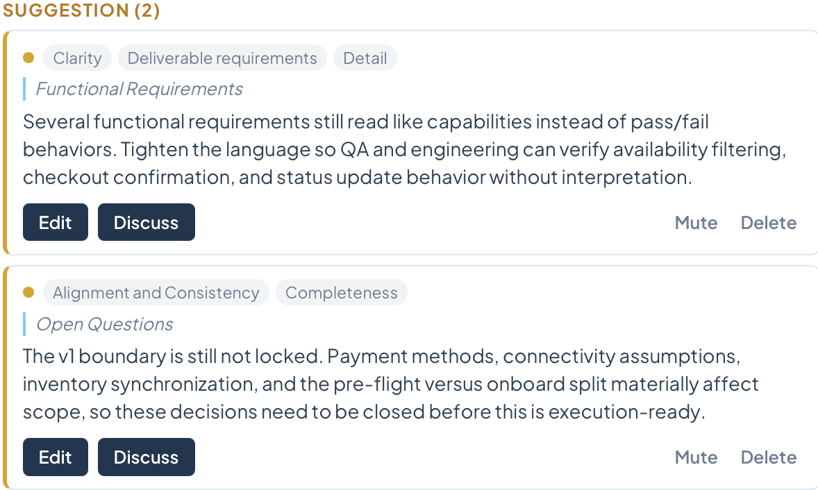 Review suggestions flagging unclear requirements and open questions on a request