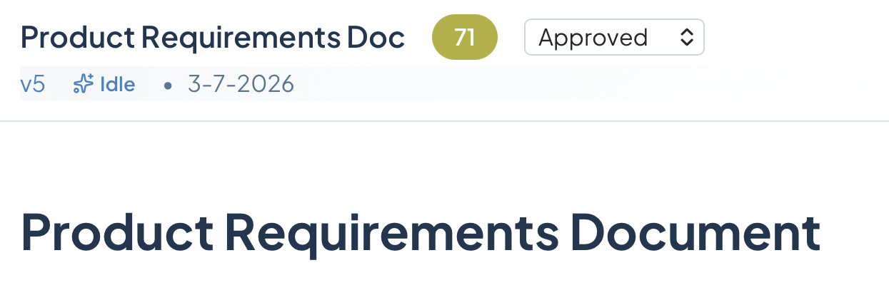 A deliverable header showing its version, score, approval status and date