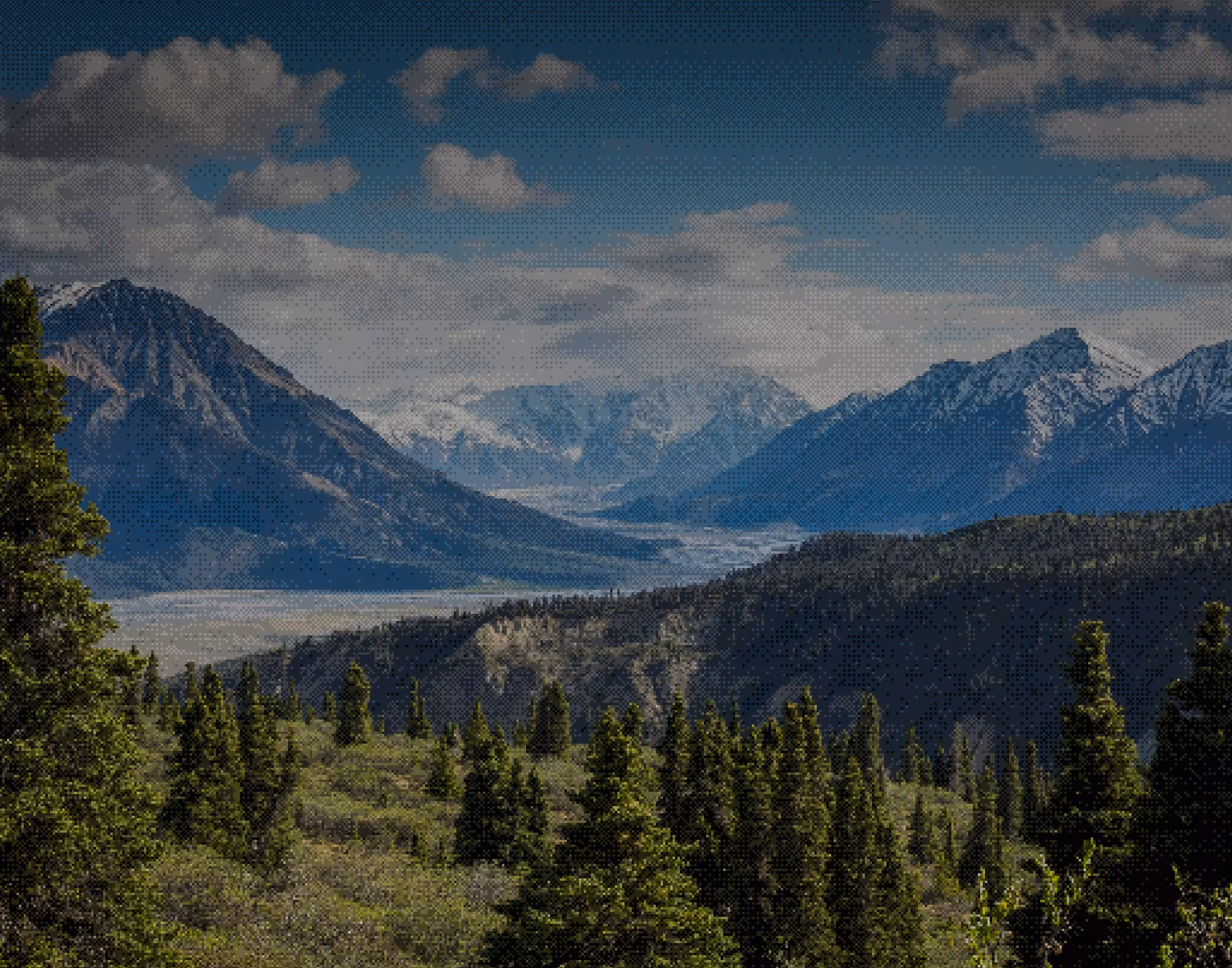 Mountain landscape with pine trees in the foreground, snow-capped peaks in the distance, and a partly cloudy blue sky.