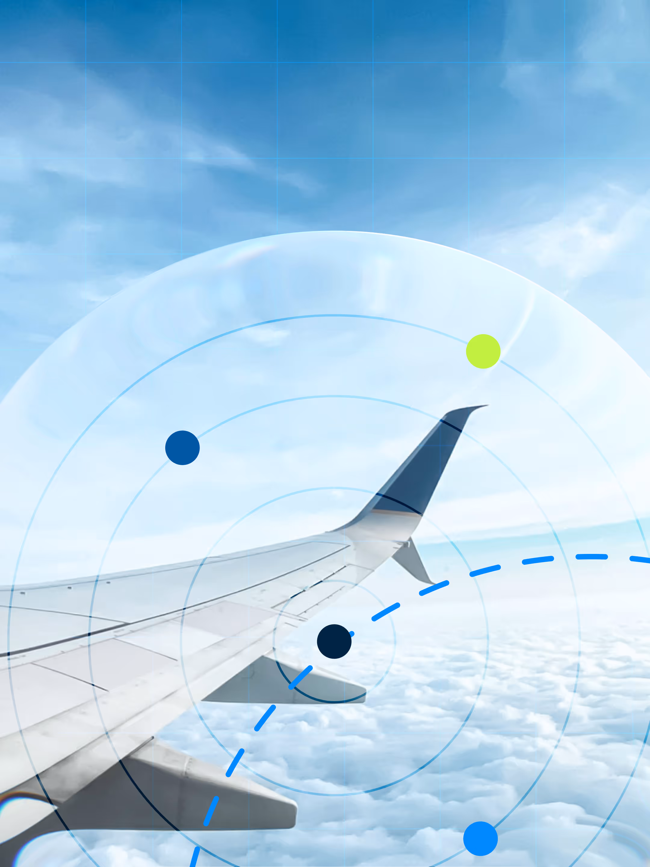 Airplane wing above clouds with blue sky and circular digital graphic overlay with colored dots.
