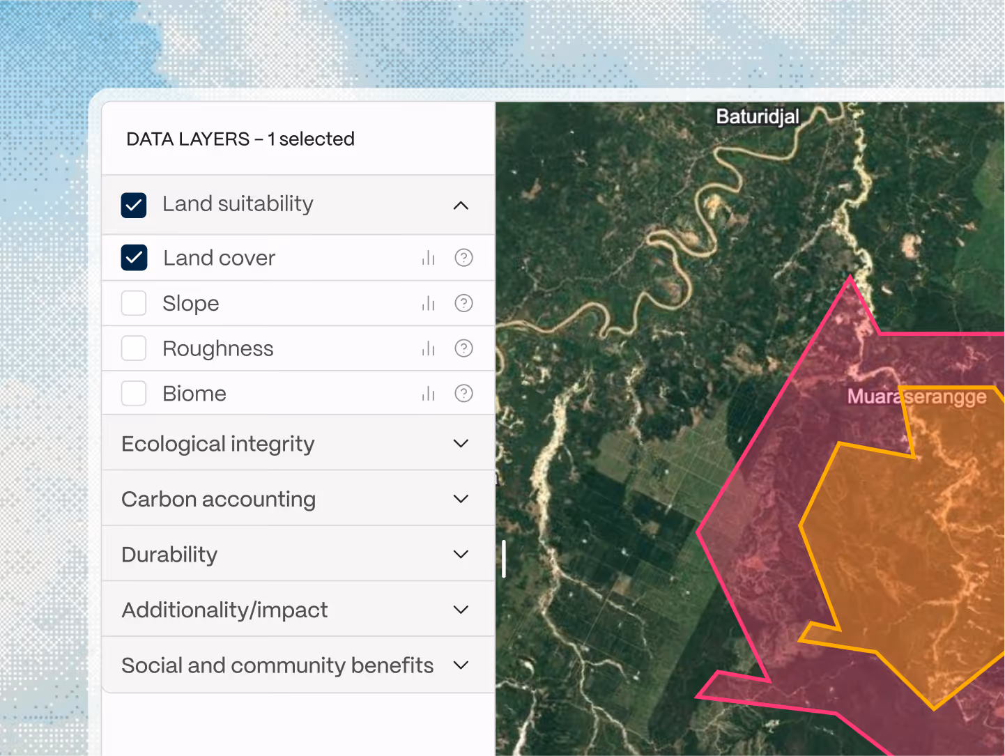 Abatable geospatial monitoring view showing carbon project land coverage and satellite data.