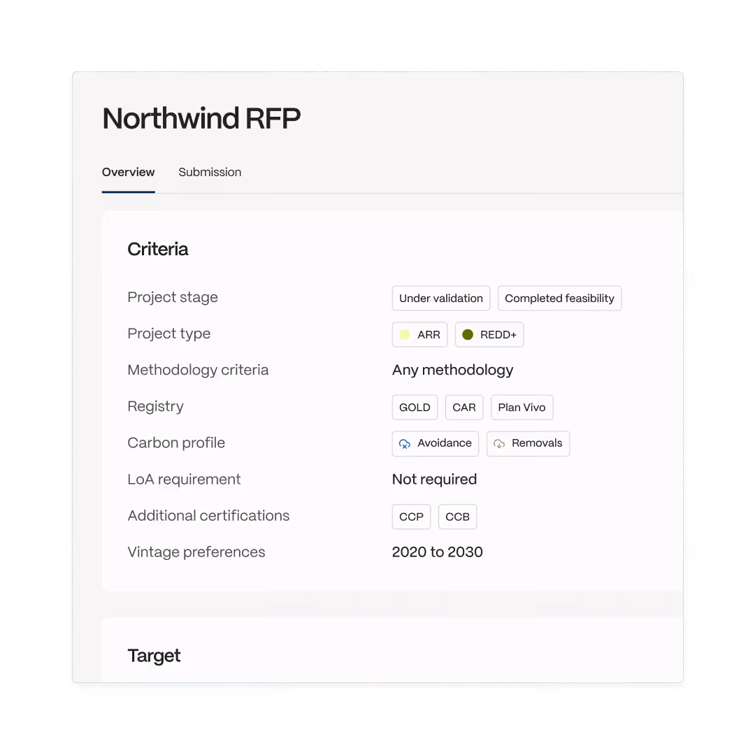 Northwind RFP form showing criteria with project stage, type, methodology, registry, carbon profile, and certifications.