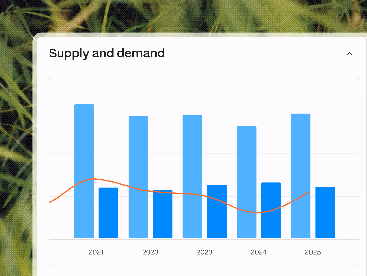Bar chart showing supply and demand from 2021 to 2025 with higher supply bars and lower demand bars.