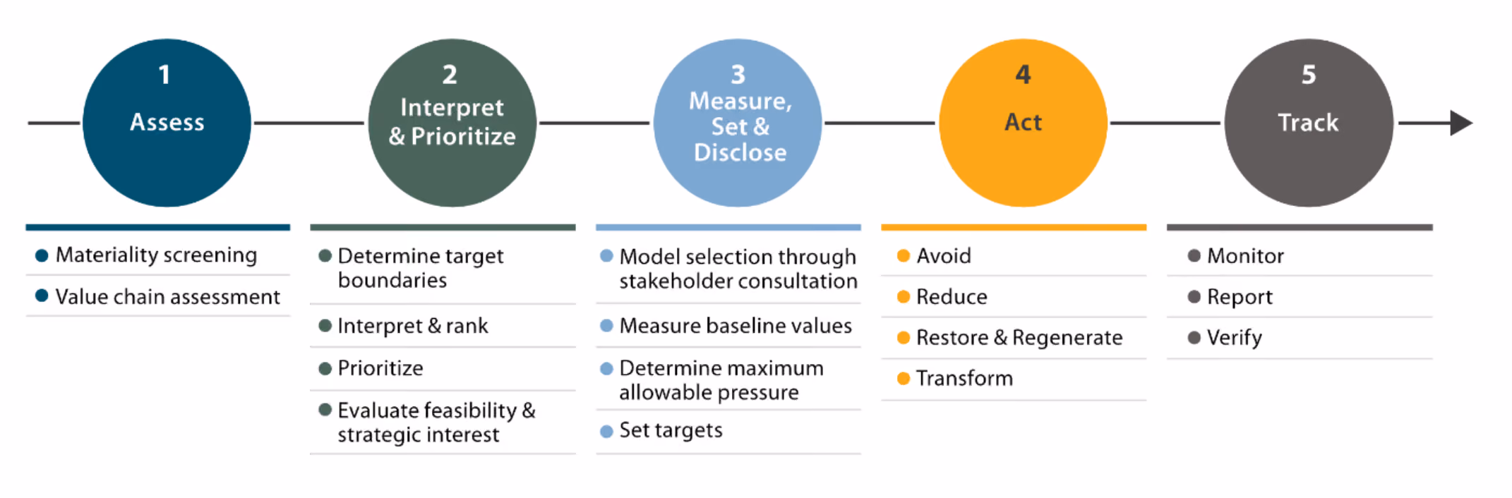 The SBTN framework – assess, interpret and prioritise, measure, set and disclose, act, and track