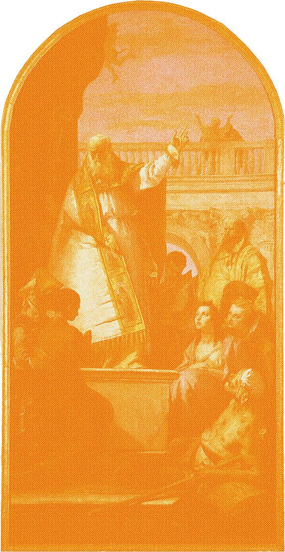 A renaissance painting of a saintly bishop gesticulating to a crowd from a raised platform with an orange overlay