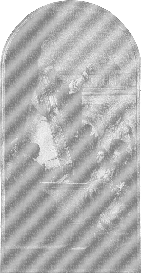 A black and white image of a renaissance painting of a saintly bishop gesticulating to a crowd from a raised platform
