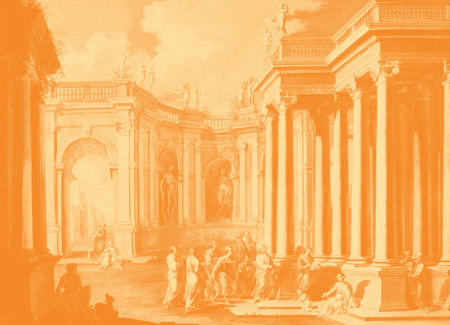 A Renaissance painting of the Christ child with the teachers in the Temple in Jerusalem with an orange overlay