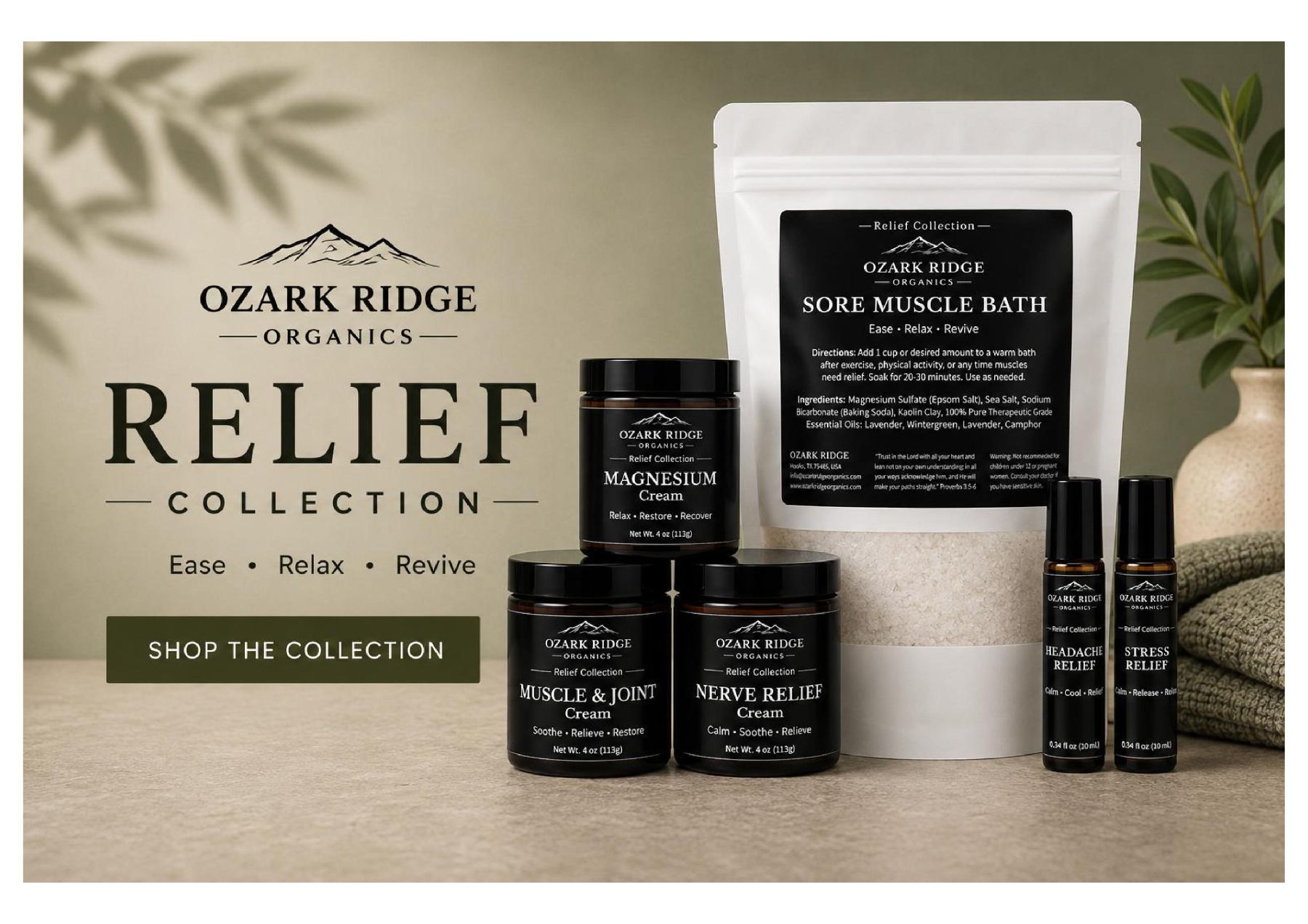 Ozark Ridge Organics relief collection of all natural wellness products available at Healthy Living Medical in Texarkana, TX