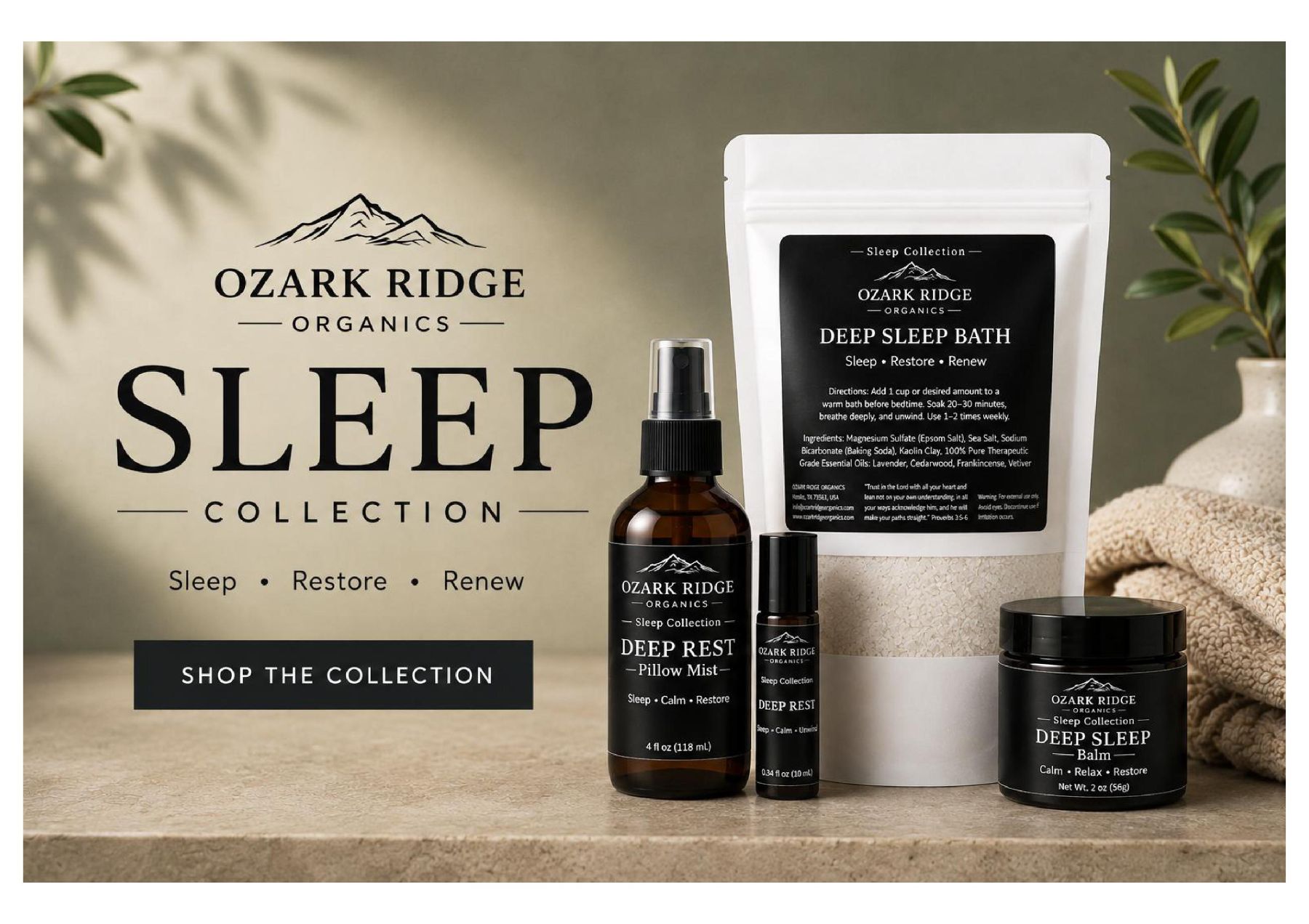 Ozark Ridge Organics sleep collection including balm, pillow mist, and bath soak at Healthy Living Medical