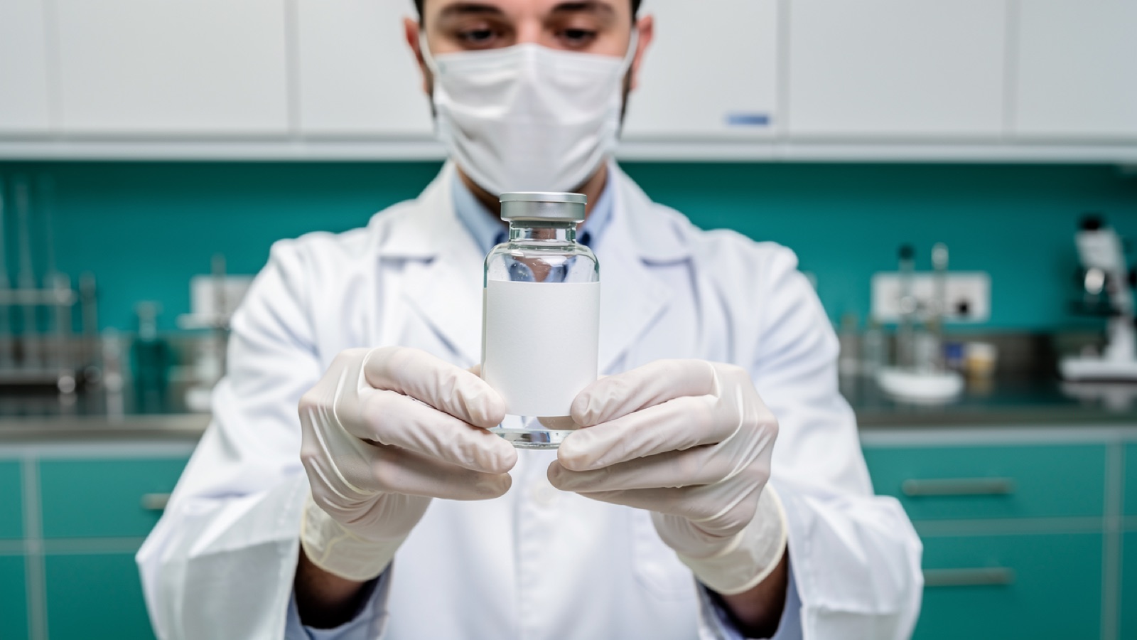 Pharmacist holding a sterile vial of prescribed peptide therapy, compared with unregulated research peptides