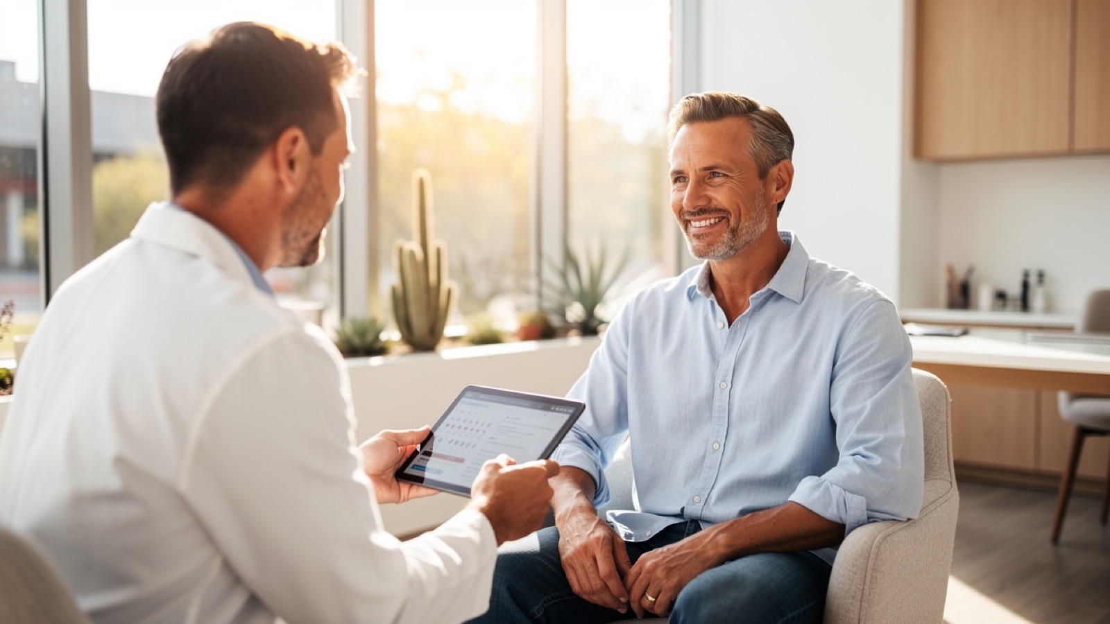 Provider reviewing testosterone lab results with a male patient during a TRT consultation in Texarkana, TX