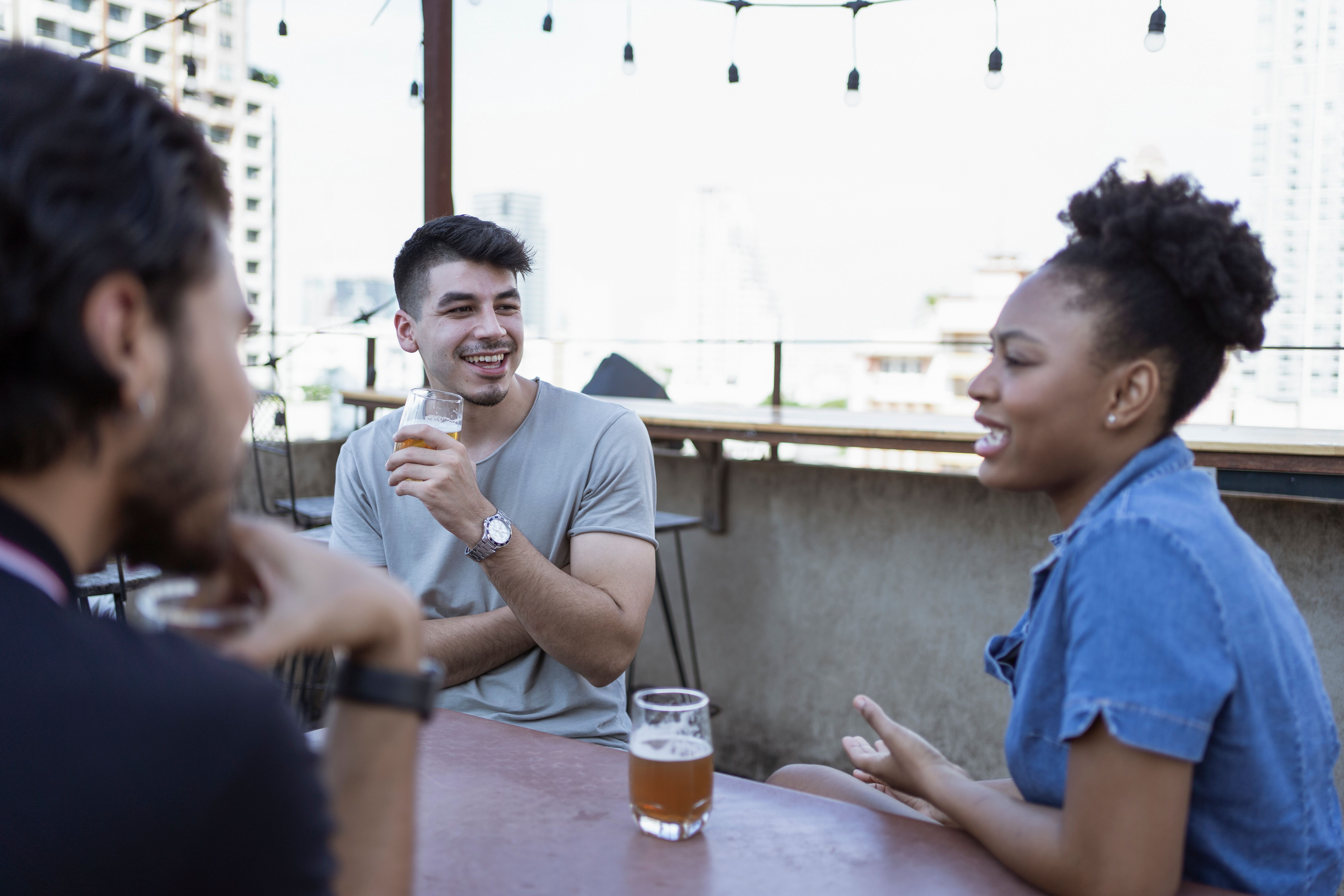 Man and woman talking stock image